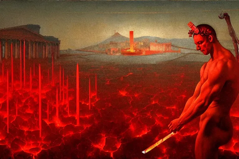 Image similar to only with red, a red melted apollo with a laurel wreath and a flaming sword announce the win, athens in the background, in the style of beksinski, part by hopper, part by rodcenko, part by hofbauer, intricate composition, red by caravaggio, insanely quality, highly detailed, masterpiece, red light, artstation