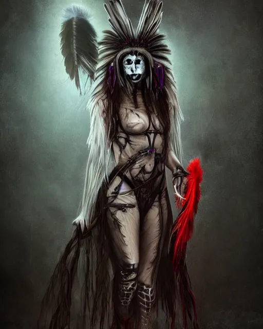 Prompt: wolf - human hybrid mutant ghost - spirit of the grim - warpaint wears the scarlet skull armor and native blood headdress feathers, midnight fog - mist!, dark oil painting colors, realism, cinematic lighting, various refining methods, micro macro autofocus, ultra definition, award winning photo, photograph by ghostwave - gammell - giger - shadowlord