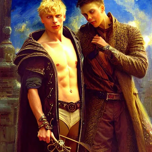 Image similar to attractive arthur pendragon with attractive male merlin the mage. they are in love. highly detailed painting by gaston bussiere, craig mullins, j. c. leyendecker