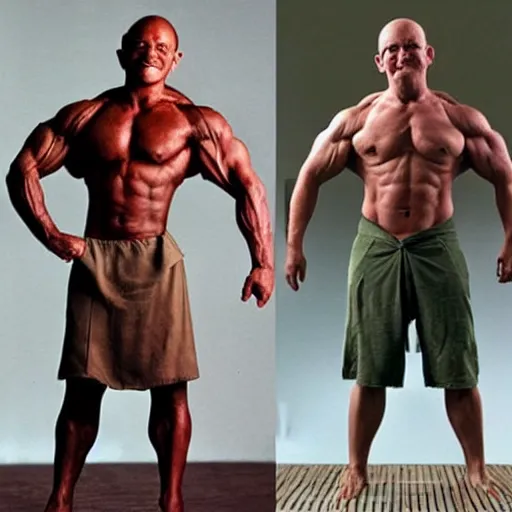 Image similar to yoda's before and after bodybuilding phots, highly detailed