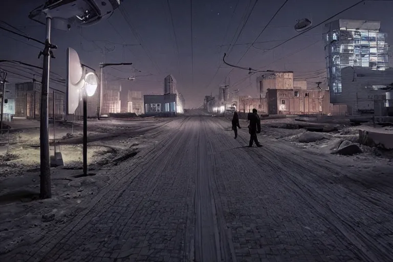 Image similar to an emty street of a futuristic city on the Moon called Noviy Norilsk, with a flying car at night with only by one street light, photo by Gregory Crewdson,