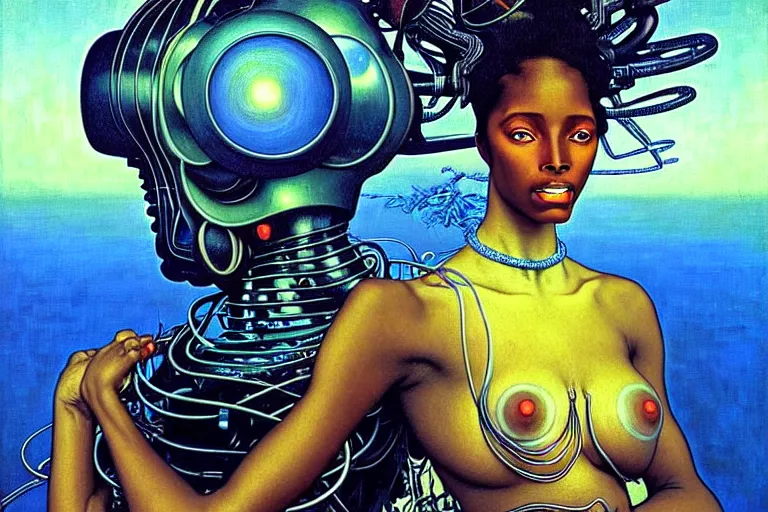 Image similar to realistic extremely detailed portrait painting of a beautiful black woman with a robot, futuristic sci-fi landscape on background by Jean Delville, Amano, Yves Tanguy, Ilya Repin, Alphonse Mucha, Ernst Haeckel, Edward Robert Hughes, Roger Dean, rich moody colours, blue eyes