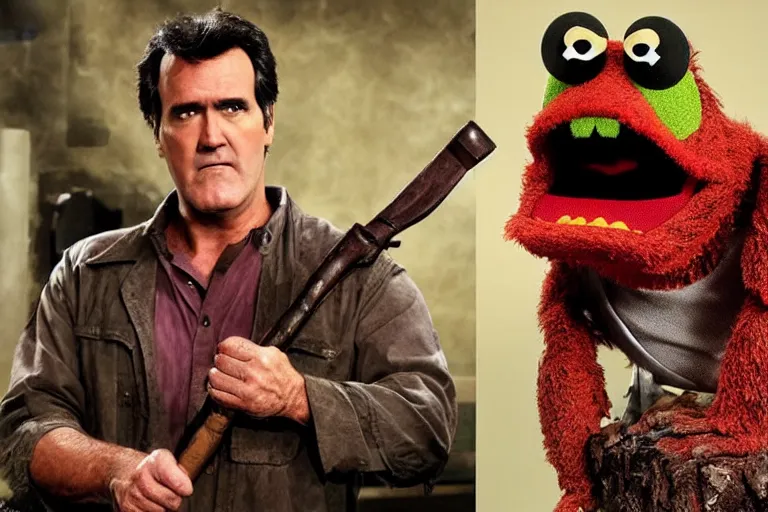 Image similar to Bruce Campbell as Ash in Evil Dead muppets