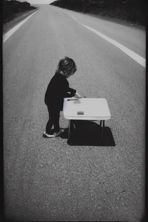 Prompt: photo polaroid of a sad and lonely child in the middle of a road with field hospitals , field hospitals, pandemic, loneliness, black and white ,photorealistic, 35mm film,