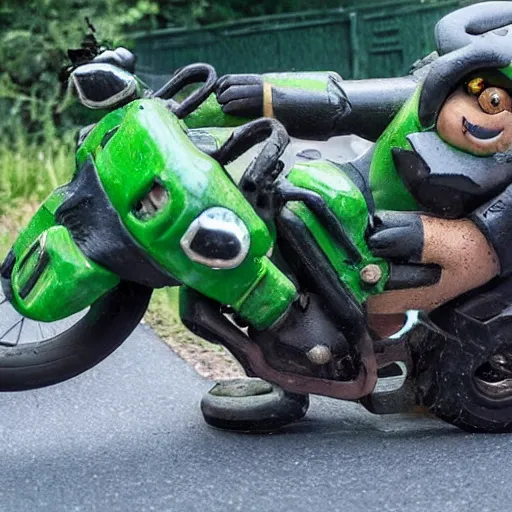 Prompt: an angry green cat riding a motorcycle with chainsaws on the side