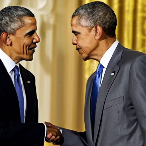 Prompt: barack obama and donald trump shaking hands at a party in the white house, photo