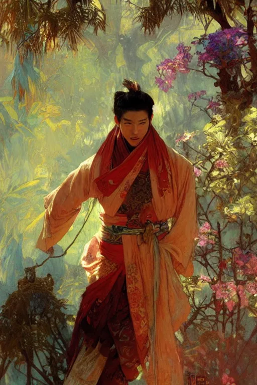 Image similar to attractive man, wuxia, colorful, painting by gaston bussiere, craig mullins, greg rutkowski, alphonse mucha