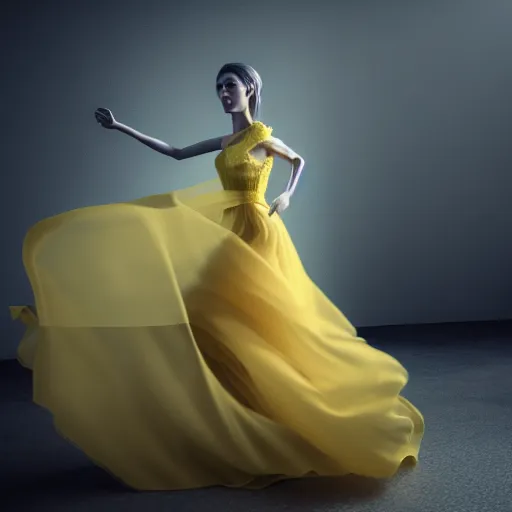 Image similar to woman in yellow organza dress dancing, ultra realistic, concept art, intricate details, dark vibe, highly detailed, photorealistic, octane render, 8 k, unreal engine,