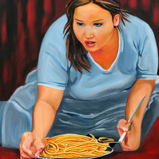 Prompt: fat jennifer lawrence eating spaghetti, painting,