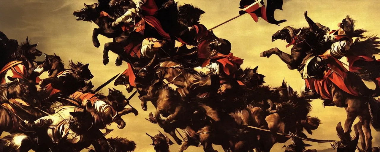 Prompt: Caravaggio painting of cat crusaders charging into battle atmospheric, artstation, high detail