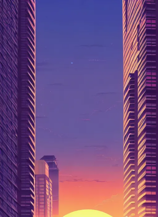 Prompt: high buildings, sunset, scenery wallpaper aesthetic, anime style, closeup view, beautiful, cinematic, dramatic, super detailed and intricate, hyper realistic, 4 k render, by koson ohara, by darwyn cooke