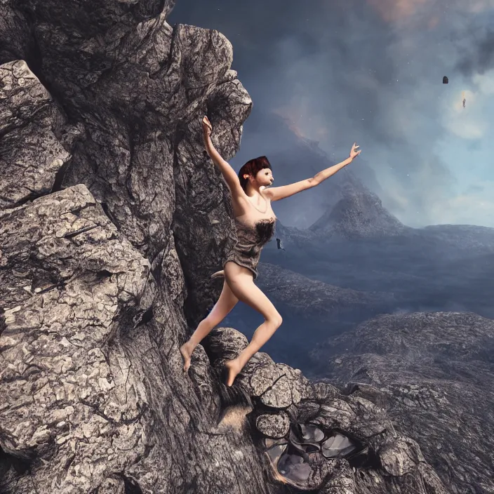 Image similar to a woman dancing on top of a very high surreal building on top of the mountains, nature, plants, fire, rocks, water, bark, hyper realism, high detail, octane render, 8k, chrome accents