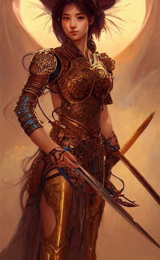 Image similar to portrait sword knights of zodiac girl, golden and copper shining armor, bushido, in ruined agora of athens sunrise, ssci - fi and fantasy, intricate and very very beautiful and elegant, highly detailed, digital painting, artstation, concept art, smooth and sharp focus, illustration, art by tian zi and wlop and alphonse mucha