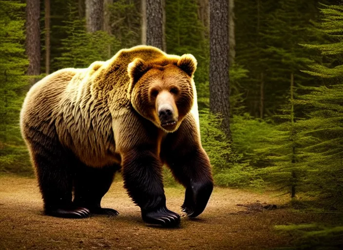 Image similar to portrait photo of chuck norris riding his fluffy grizzly bear, in the forest at dawn. fantasy magic style. highly detailed 8 k. intricate. lifelike. soft light. sony a 7 r iv 5 5 mm. award winning photography.