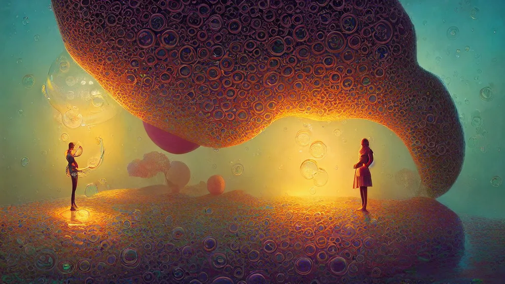 Prompt: a beautiful woman inside ornate bubbles of iridescent liquid, alchemy, intricate, bloom, detailed, volumetric lighting, sharp focus, photorealism, digital painting, highly detailed, concept art, by roger dean and simon stalenhag and mark brooks