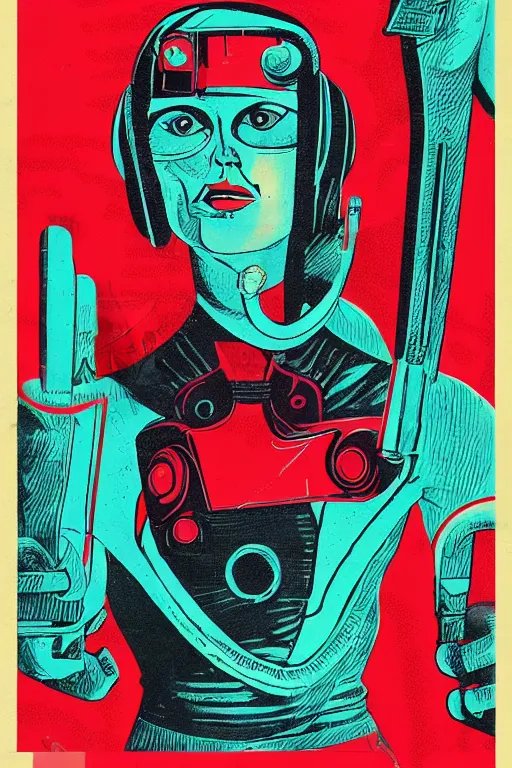 Image similar to a retro 70s cyborg woman, anaglyph, book cover,