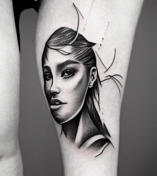 Image similar to tattoo design sketch of a beautiful woman face with a faded background of beautiful mountains and nature on the side, hyper - realistic, in the style of den yakovlev, amazing detail, black and white