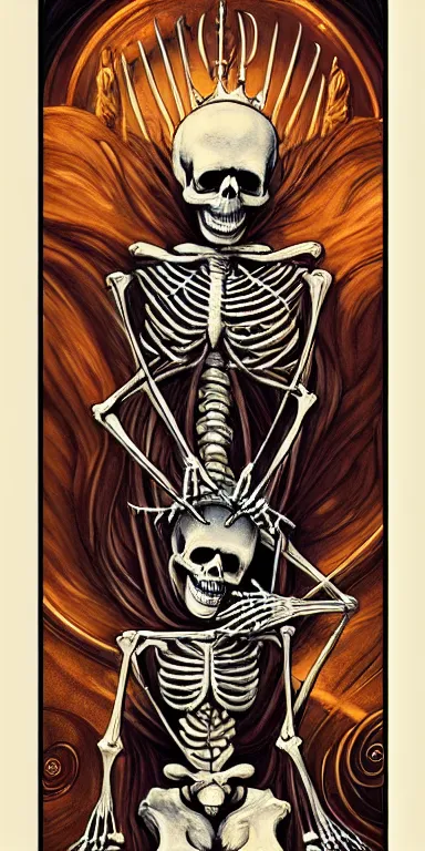 Image similar to tarot card render of a skeleton sitting on a throne, poster art by James Jean, Joe Fenton, Lise Deharme, Anne Stokes, Brian Despain, Petros Afshar behance contest winner, gothic art, , apocalypse art, behance hd, macabre poster art,