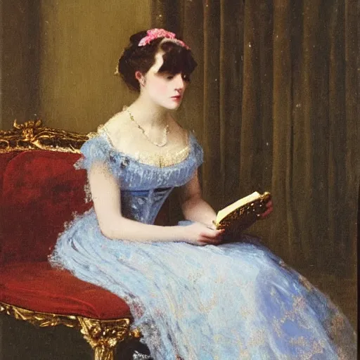 Image similar to young victorian lady in ball gown reading a book, painted by alfred stevens