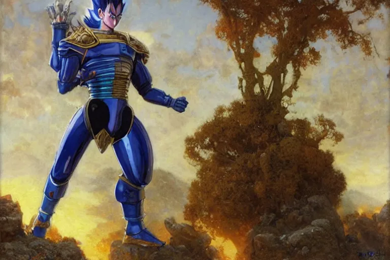 Image similar to portrait of prince vegeta in a battle damaged armor on planet namek. art by gaston bussiere.