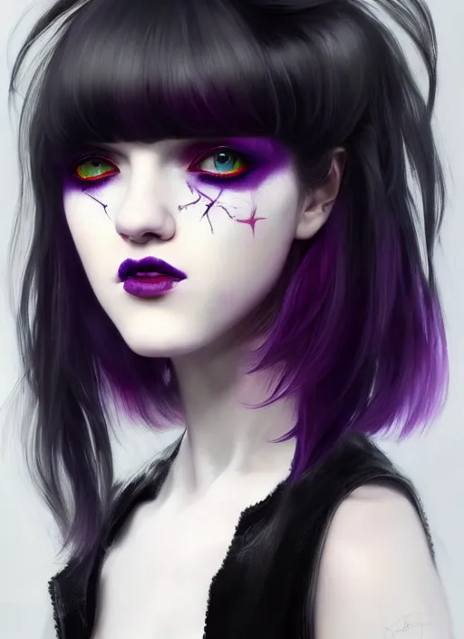 Image similar to portrait of white teenage girl, normal face, black bangs, mall goth, cyberlox, black and white hair, bangs, fluffy bangs, red contacts, purple lipstick, intricate, elegant, highly detailed, digital painting, artstation, concept art, sharp focus, smooth, illustration, art by wlop, mars ravelo and greg rutkowski