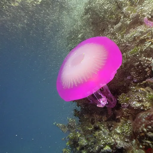 Image similar to pink jellyfish hits Bob with a metal sieve