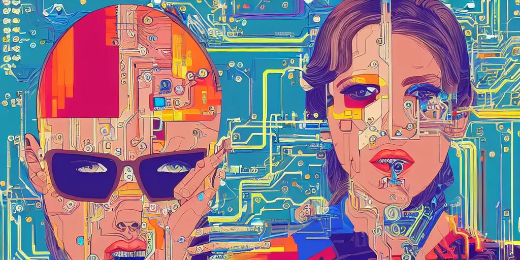 Image similar to portrait of computer & circuits, 8 k, by tristan eaton, trending on deviantart, face enhance, hyper detailed, minimalist, full of colour, super detailed, cinematic