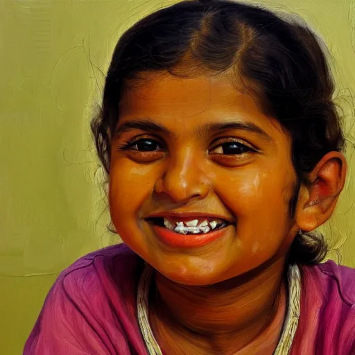 Image similar to high quality high detail painting by lucian freud, hd, smiling cute indian girl portrait, photorealistic lighting