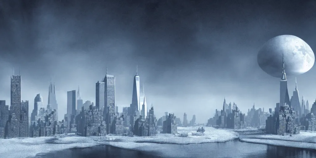 Prompt: nuclear winter, new york city, near future, fantasy, sci - fi, hyper realistic, serene.