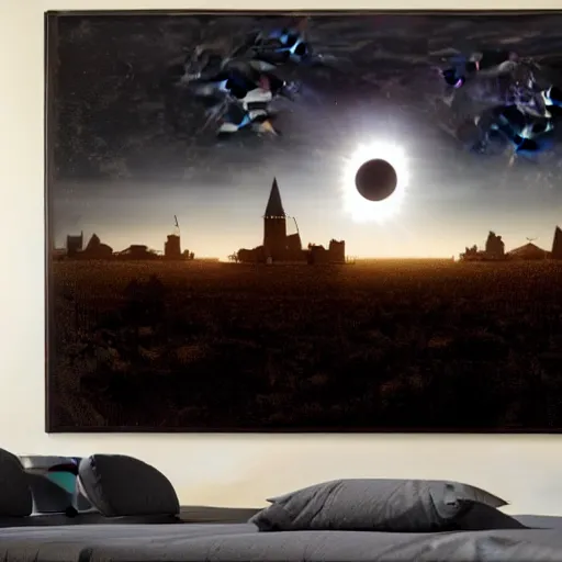 Image similar to dark solar eclipse, above a village, highly detailed, studio 4 k quality, by constable john