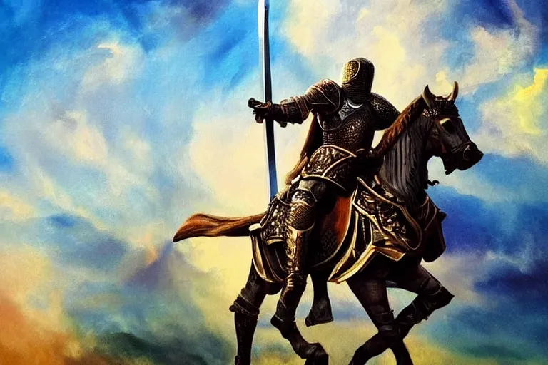 Image similar to knight, sword, fantasy, painting, ultra realistic!!!, clear weather, golden hour, sharp focus