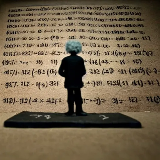 Image similar to claymation miniature scene of albert einstein standing in front of miniature blackboard with lots of mathematical formulas chalked on