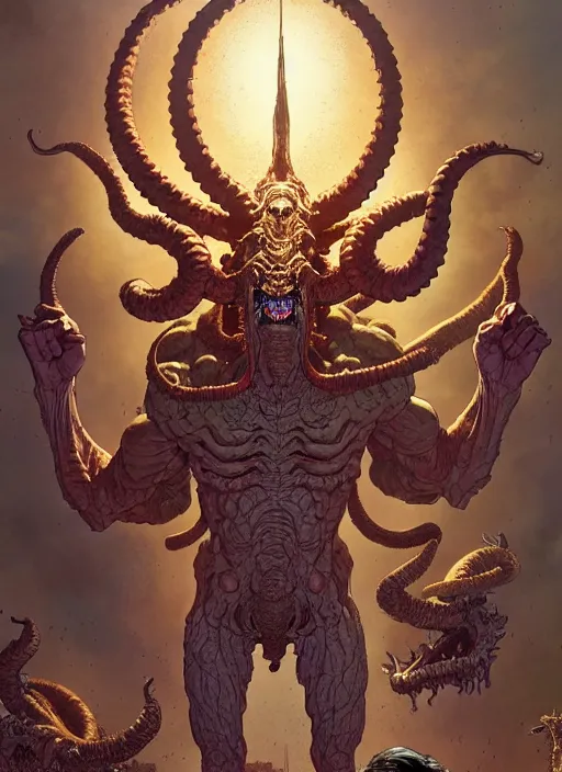 Image similar to masterpiece concept art, levitrial the ancient demon god, by geoff darrow and greg rutkowski and greg darrow, 8 k, intricate detail, cinematic lighting