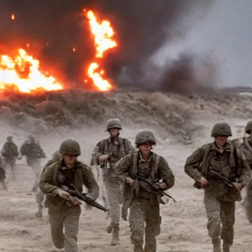 Image similar to american soldiers running at the camera during normandy beach landing with fiery explosions and debris all around them in the style of the movie lone survivor and saving private ryan, gritty, 4 k, cinematic lighting,