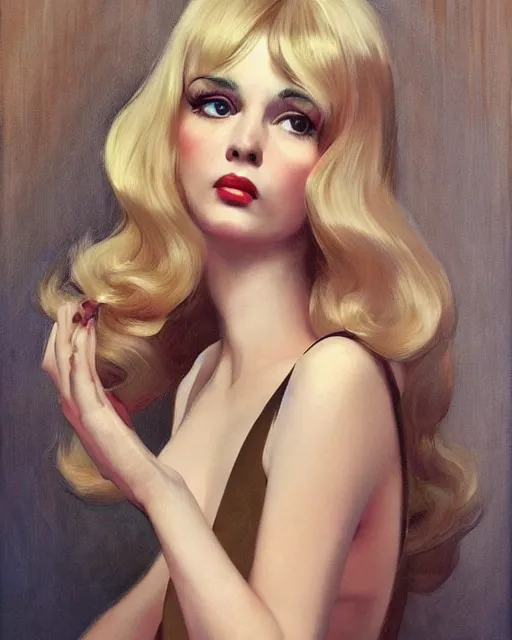 Image similar to portrait 1 9 6 0 s elegant blonde beautiful mod girl, long straight 6 0 s hair with bangs, groovy, by brom, tom bagshaw, sargent