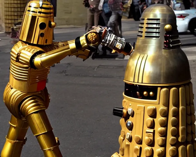 Image similar to C-3P0 attacked by a Dalek