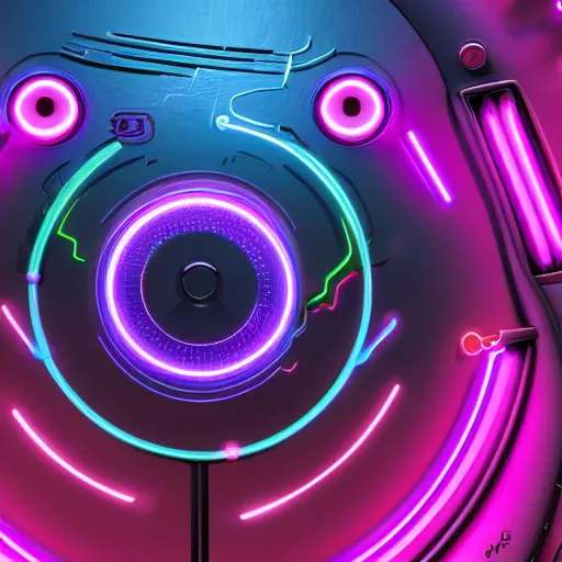 Image similar to circle in the middle is a portrait of the robot original walle by pixar in the style of cyberpunk neon, art, highly detailed colorful image, sharp focus, logo, icon, black background, photo realistic, cinematic, concept art, unreal render by michal kvac