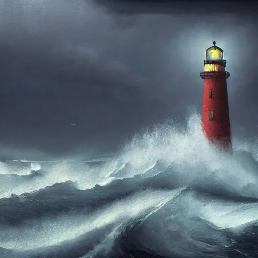 Prompt: 4k painting of a single lighthouse projecting light into a tumultuous ocean, huge waves,epic , trending on artstation, by WLOP and Rutkovsky, beksinski, intricate artwork by caravaggio, Unreal Engine 5, Lumen, Nanite , by Greg rutkowski, highly detailed , professionally post-processed , beautiful, scary, accurate features, epic, octane rendered, masterpiece, accurate