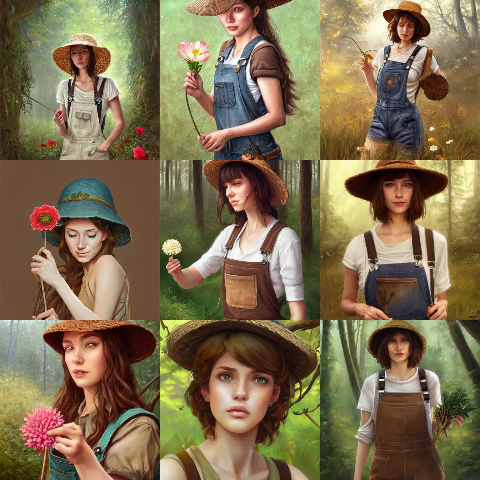 Prompt: woman, overalls, straw hat, brown hair, holding a flower, forest, D&D, fantasy, highly detailed, digital painting, trending on artstation, concept art, sharp focus, illustration, art by artgerm and greg rutkowski and magali villeneuve