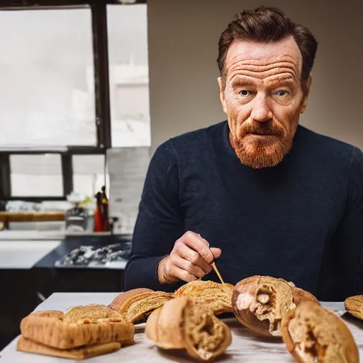 Image similar to bryan cranston eating pan dulce, ( sony a 7 r iv, symmetric balance, polarizing filter, photolab, lightroom, 4 k, dolby vision, photography awardm, voque, perfect face )