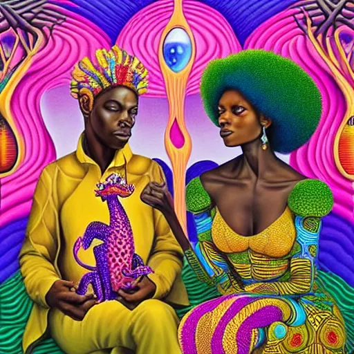 Image similar to a regal and heroic african queen with a colorful afro and her pet dragon sitting in a cabana near a larg near a pink river with a large glowing baobab tree, by amanda sage and alex grey and evgeni gordiets in a surreal psychedelic style, symmetrical, detailed eyes, oil on canvas 8k, hd