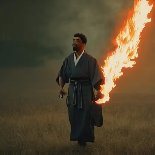 Image similar to cinematic film still of Chance The Rapper starring as a Samurai holding fire, Japanese CGI, VFX, 2022, 40mm lens, shallow depth of field, film photography