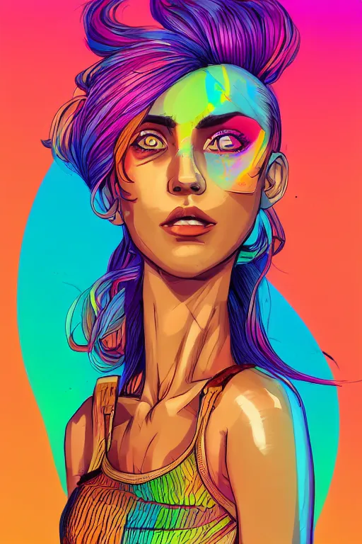 Image similar to a award winning half body portrait of a beautiful woman with stunning eyes in a printed croptop and cargo pants with rainbow colored ombre hairstyle head in motion and hair flying by josan gonzales, outrun, vaporware, shaded flat illustration, digital art, trending on artstation, highly detailed, fine detail, intricate