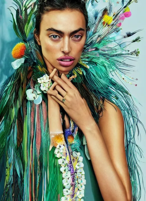 Image similar to beautiful portrait of Irina Shayk wearing fantastic Hand-dyed cotton dress,embellished beaded feather decorative fringe knots ,colorful pigtail,subtropical flowers and plants,symmetrical face,intricate,elegant,highly detailed,8k,digital painting,trending on pinterest,GUCCI,PRADA,harper's bazaar,concept art, sharp focus, illustration,golden ratio,by artgerm,Tom Bagshaw,Lawrence Alma-Tadema,greg rutkowski