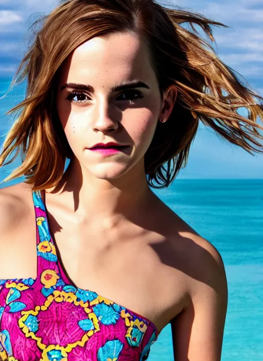 Prompt: Emma Watson for Victorian Secret, perfect face, hot summertime hippie, psychedelic swimsuit, beach, full length shot, XF IQ4, 150MP, 50mm, f/1.4, ISO 200, 1/160s, natural light, Adobe Photoshop, Adobe Lightroom, DxO Photolab, Corel PaintShop Pro, rule of thirds, symmetrical balance, depth layering, polarizing filter, Sense of Depth, AI enhanced