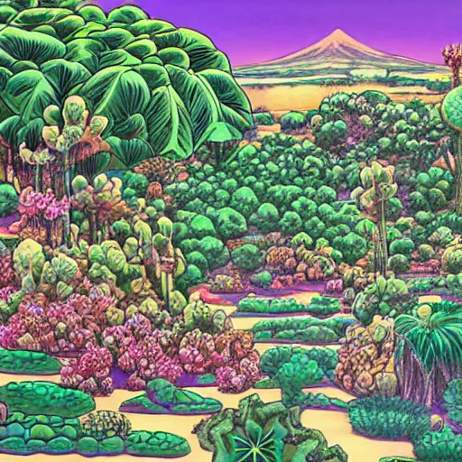 Image similar to a beautiful painting of a desert oasis paradise by hirohiko araki, detailed line art, jojos bizarre adventure