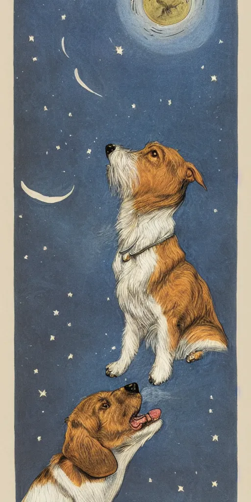 Image similar to portrait of jack russel dog looking up and howling with mouth open sad, night sky, highly detailed, side view, illustrated by peggy fortnum and beatrix potter and sir john tenniel