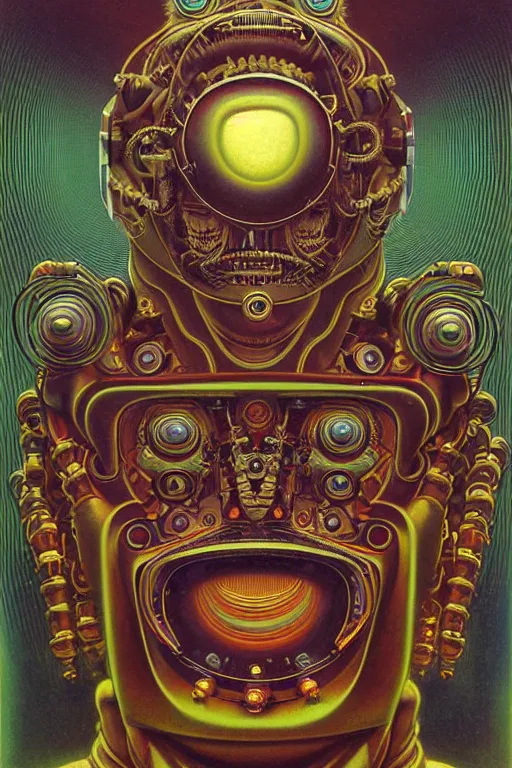 Prompt: 1 9 6 9 hippy robot, dmt, large metal mustache, muted colors, benevolent, nebula background, glowing eyes, detailed realistic surreal retro robot in full regal attire. face portrait. art nouveau, visionary, baroque, giant fractal details. vertical symmetry by zdzisław beksinski, alphonse mucha. highly detailed, realistic