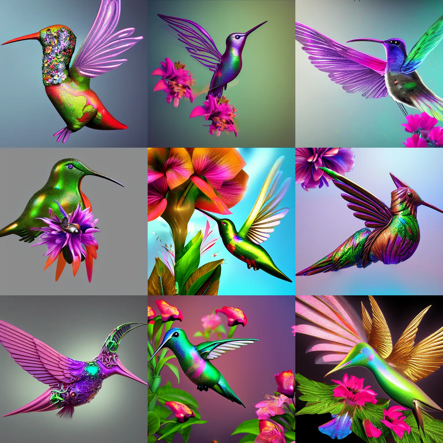 Prompt: cyborg humming bird sipping nectar from colorful flowers, biomechanical wings, iridescent metallic feathers, octane render, photorealistic, detailed textured. beautiful tones