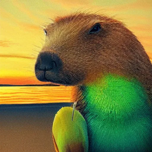 Prompt: “capybara and green parrot with glasses sitting next to each other on a Caribbean beach, hyper realistic, sunrise, golden hour, highly detailed,”